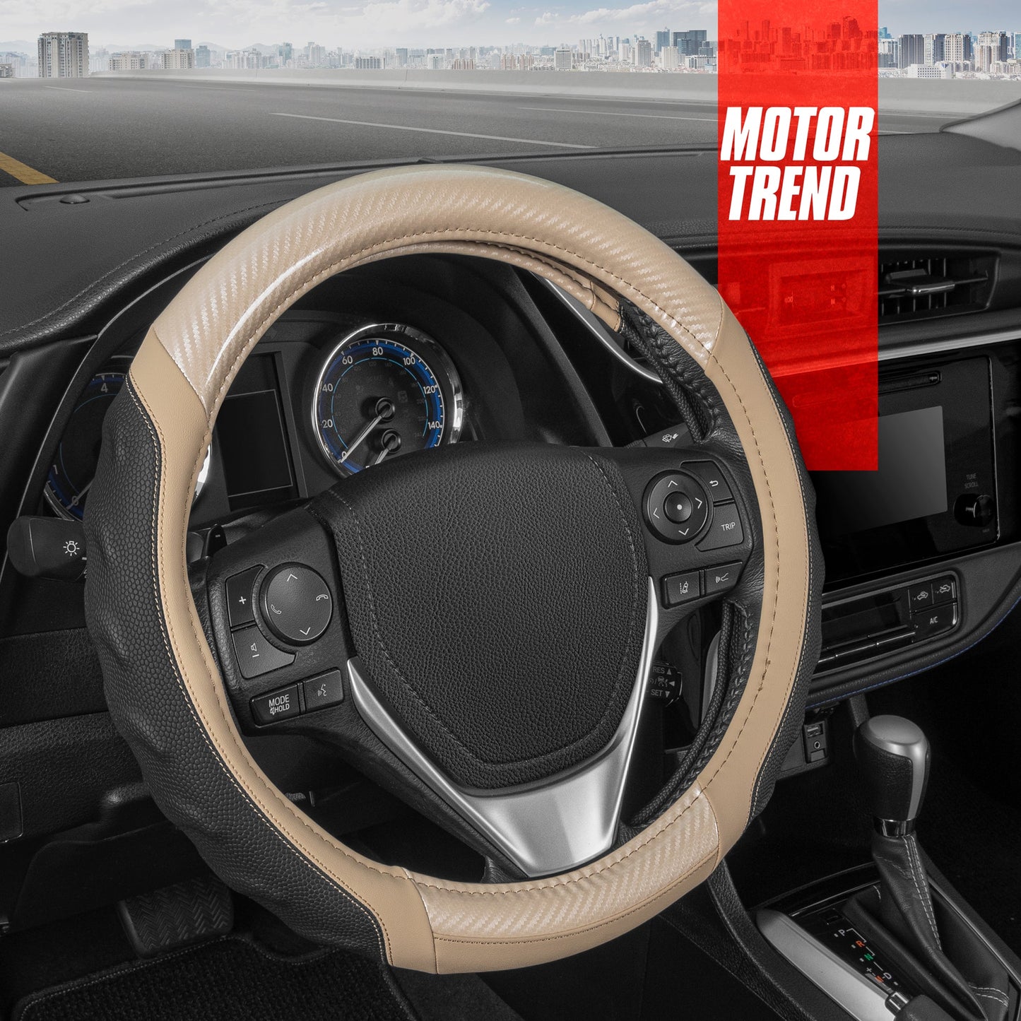 Motor Trend UltraSport Carbon Fiber Steering Wheel Cover, Standard 15 Zoll Größe, Black Faux Leather Comfort Grip, Car Steering Wheel Cover für Auto Truck Van SUV (Mehrere Farben)