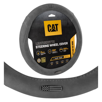 Cat® Honor Line Flux Lederlenkrad Abdeckung w Metall Flag Emblem, Grau Lederette, Standard 14.5-15.5 Zoll, Non Slip Komfort, Auto Lenkrad Abdeckung für Auto Truck SUV, Auto Zubehör