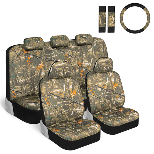 BDK 12-Piece Hunter Camo Vordersitzbezüge, Rücksitzbezüge, Sitzgurtpads und Lenkradbezüge (Fits 14.5' - 15.5')