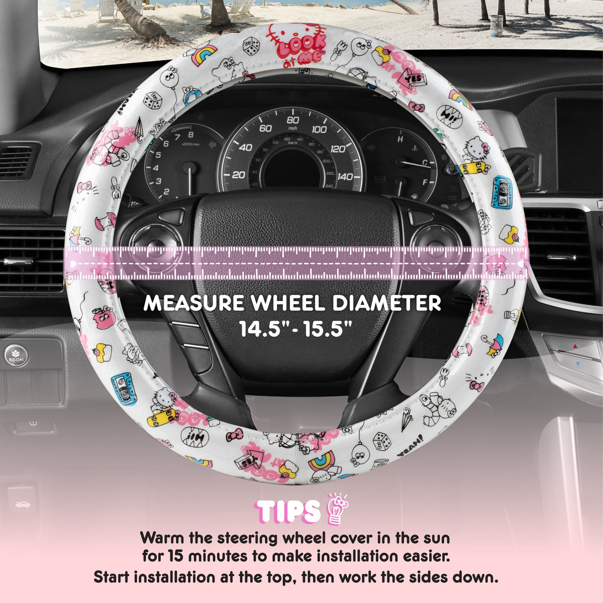 Hallo Kitty Lenkrad Abdeckung, Offizielle Sanrio Auto Lenkrad Abdeckung mit Universalgröße 14.5 - 15.5, Niedlich Weißes Lenkrad Abdeckung für Frauen, Hallo Kitty Auto Zubehör (Hallo Kitty Look At Me)