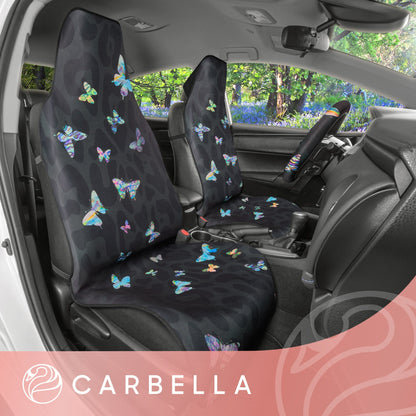 Carbella 3-Stück Bunte Schmetterlinge mit schwarzen Leoparden-Hintergrund-Vordersitzabdeckungen und Lenkradabdeckung (Fits 14.5' - 15.5')