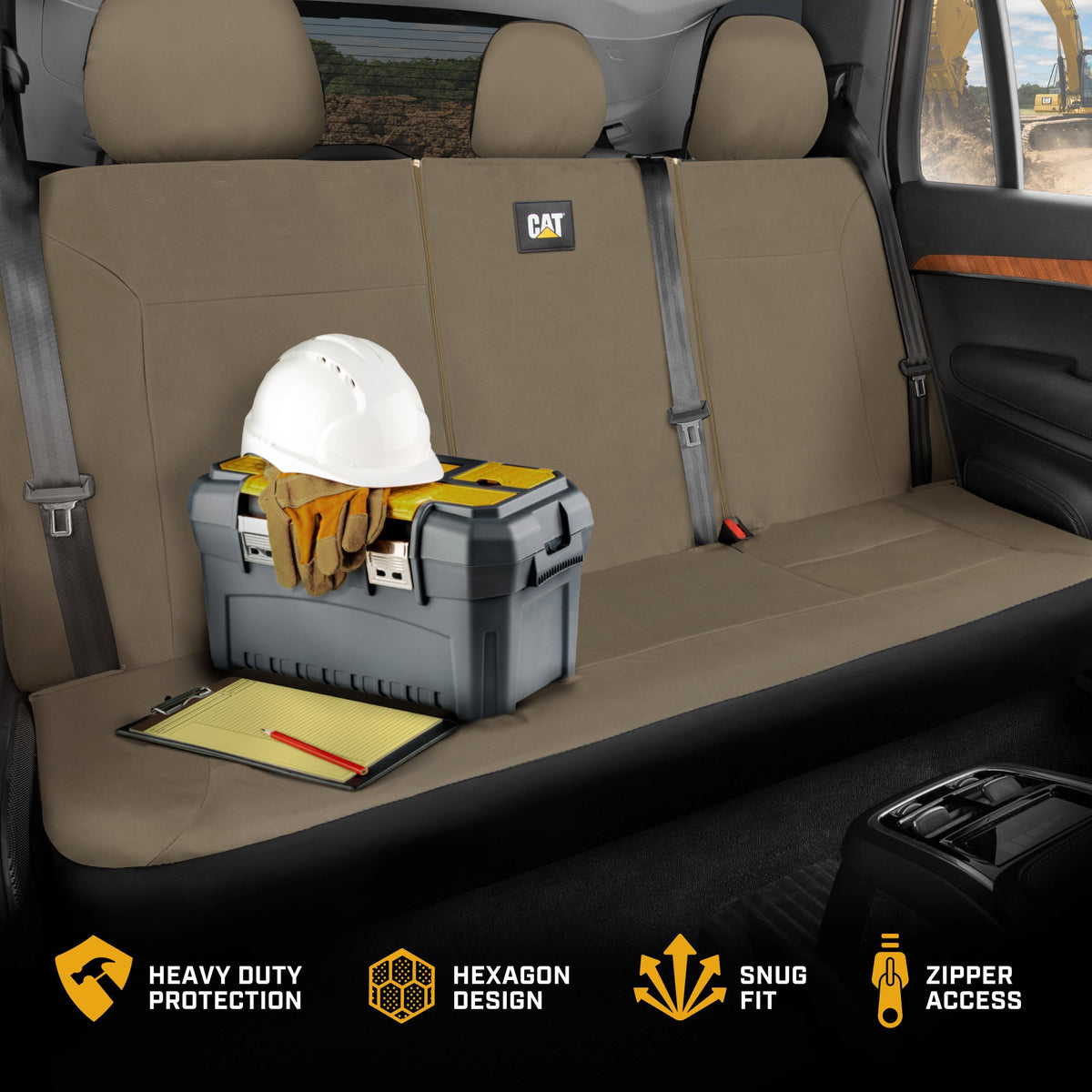 CAT Beige Rücksitz Abdeckung für LKW, Autos & SUVs – Heavy-Duty Oxford Canvas – 60/40 Split Bench Protector – Langlebige Rücksitz Abdeckung für Arbeits-Trucks, Haustiere, Reisen – Car & Truck Interior Accessory