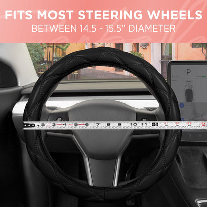 Carbella Black Stitched Leatherette Steering Wheel Cover (Fits 14.5' - 15.5')