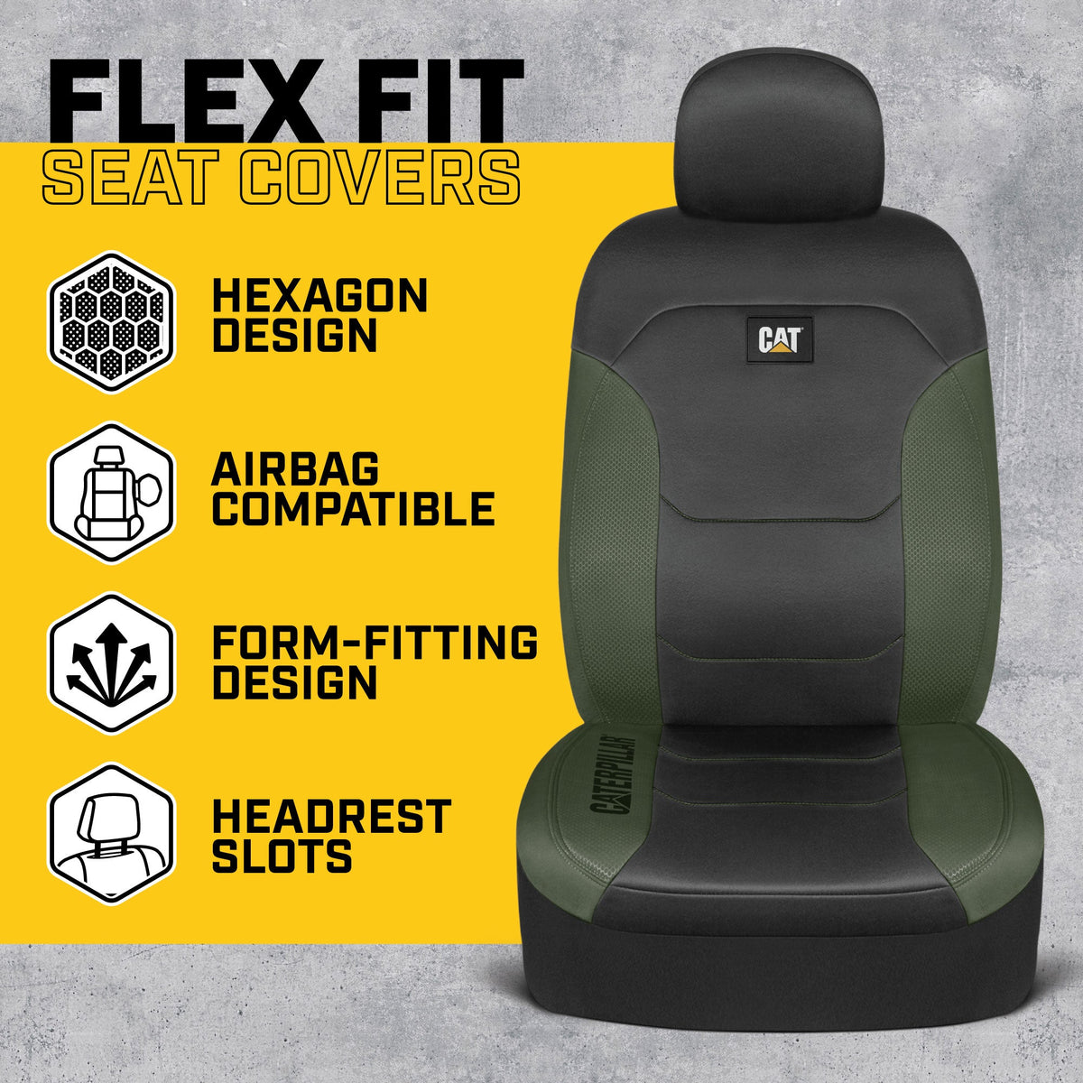 CAT Black & Green Car Seat Covers Full Set – Front Seat Covers & Rear Bench Seat Cover – Airbag-kompatibel, 60/40 Split Bench für LKW, PKW & SUVs – Automotive Interior Seat Protection Zubehör – Alias 639034939471570448