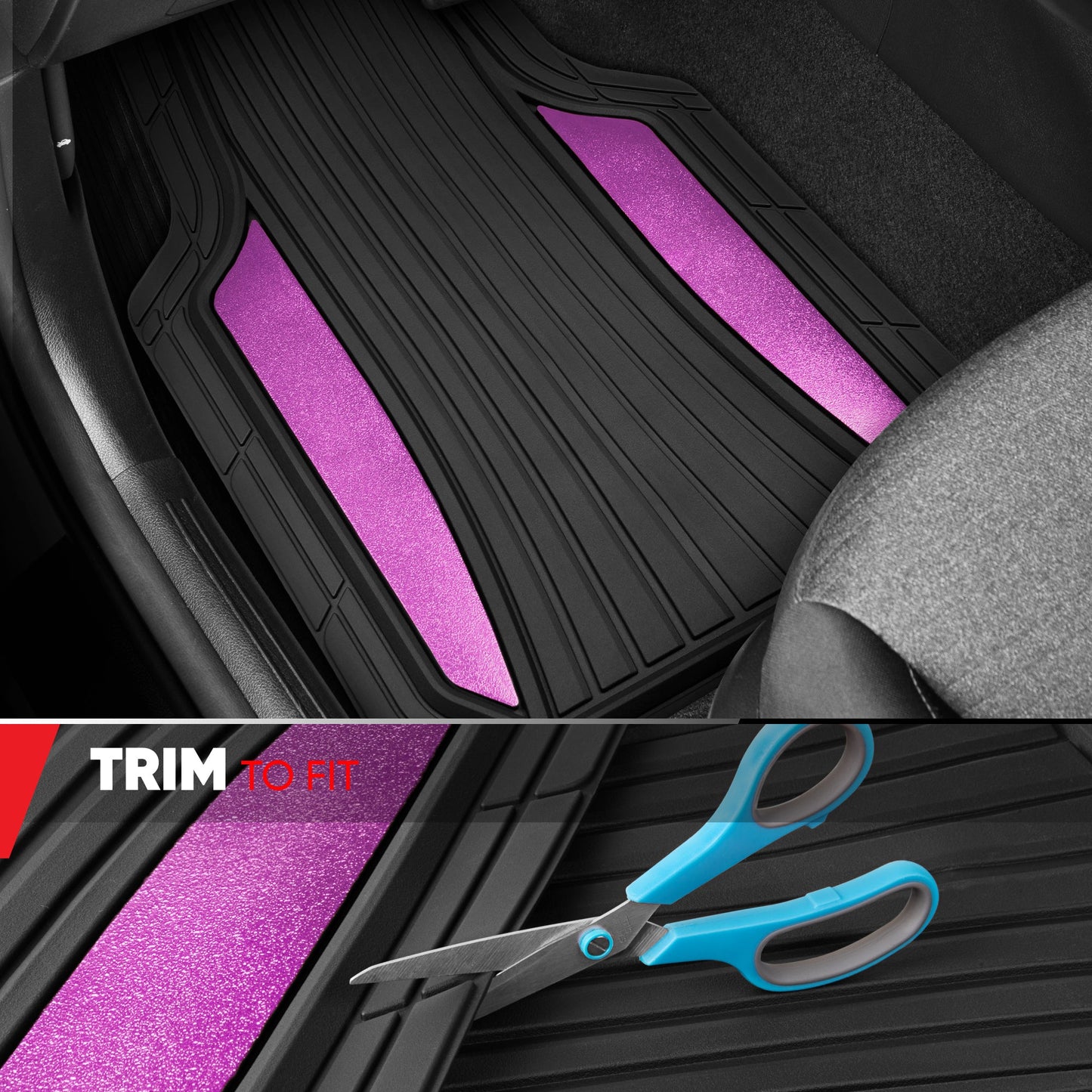 Motor Trend ChromeTech Autobodenmatten Volles Set - Langlebige Gummibodenmatten für Autos mit zwei Ton Akzent, All Wetter Innenschutz für Vorder- und Rückseite mit rutschfester Rückseite, Schwarz & Pink