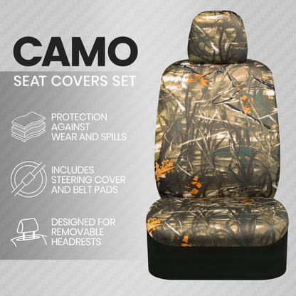 BDK 12-Piece Hunter Camo Vordersitzbezüge, Rücksitzbezüge, Sitzgurtpads und Lenkradbezüge (Fits 14.5' - 15.5')