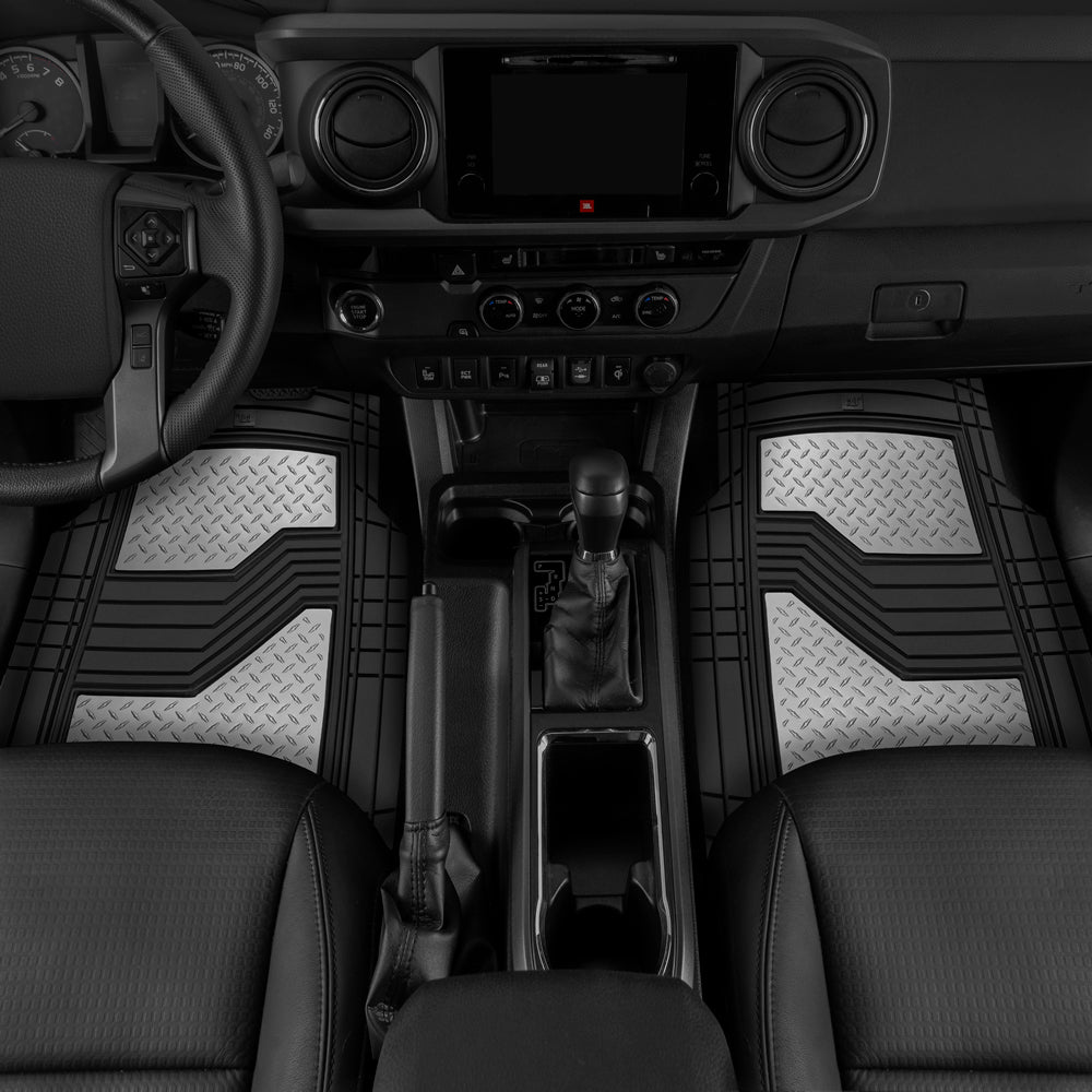 CAT 4-Stück Zwei-Tone Metallic-Look Front Floor Matts und Hintere Bodenmatten - Heavy Duty, All Weather, Trimm to Fit