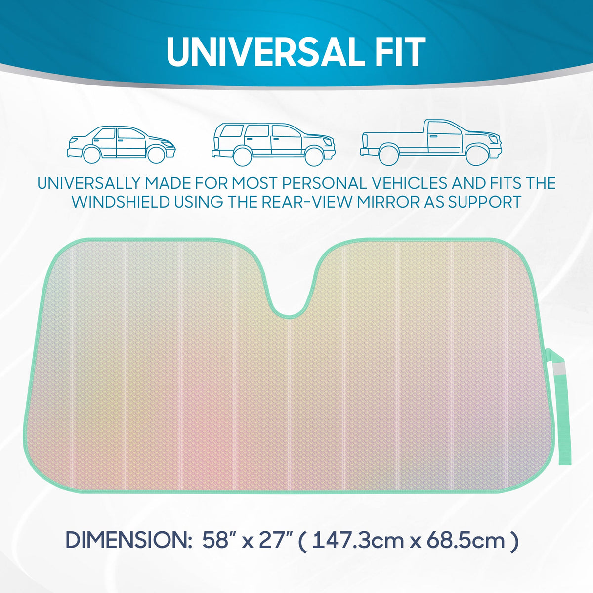 BDK Iridescent Mermaid, Hologrammfolie, Chameleon Front Windschutzscheibe Sonnenschutz, Doppelblasen-Akkordeon Falt Auto Sonnenschutz für Auto LKW SUV 58 x 27 Zoll