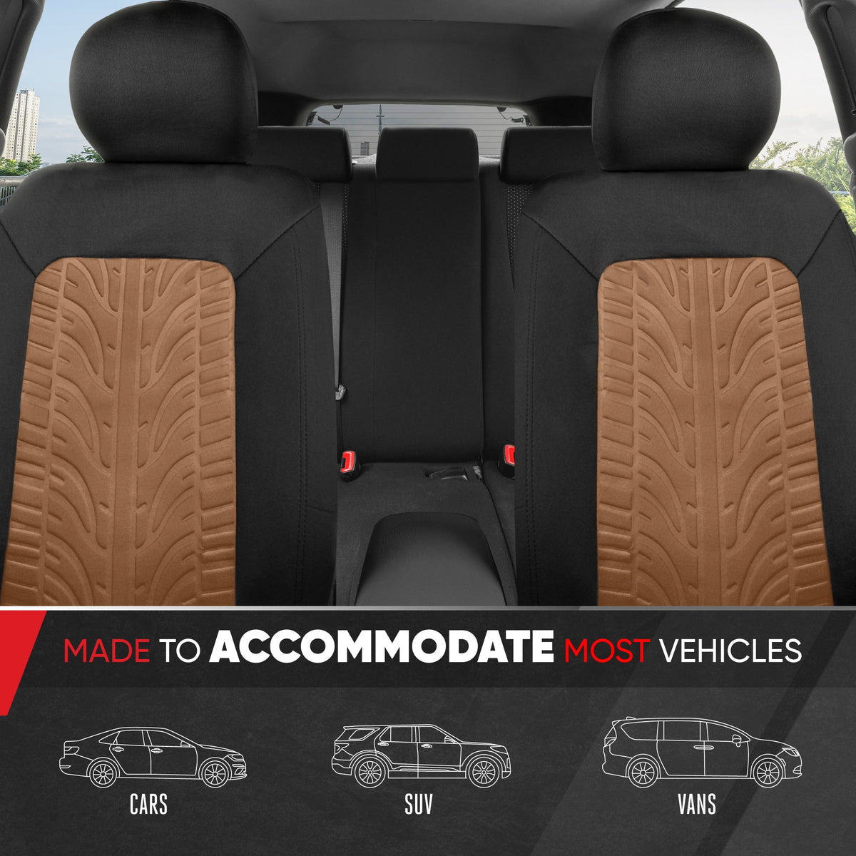 Motor Trend GrandPrix Sitzbezüge für Autos, 2-Pack Black & Beige Reifen Lauffläche geprägte Autositzbezüge für Vordersitze, Automotive Interior Abdeckungen für Auto LKW Van SUV