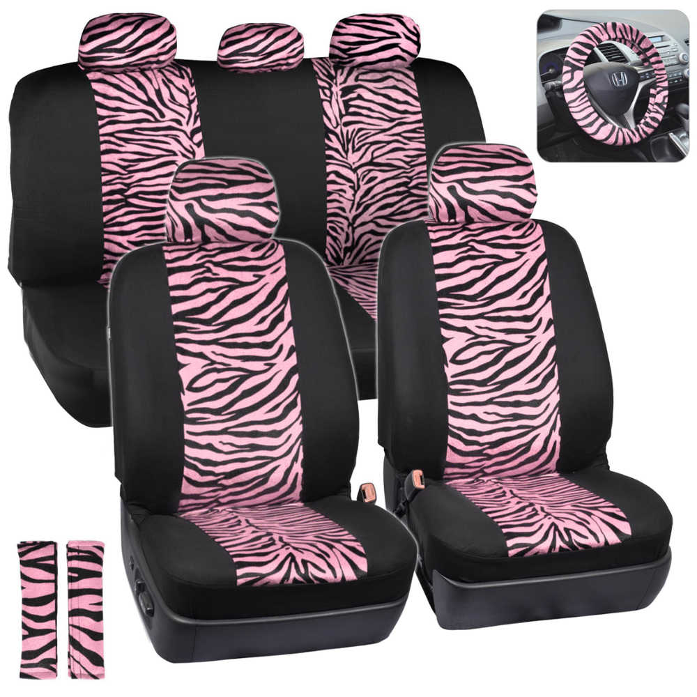 BDK 12-Piece Pink Tiger Vordersitzbezüge, Rücksitzbezüge, Sitzgurtpads und Lenkradbezüge (Fits 14.5' - 15.5')