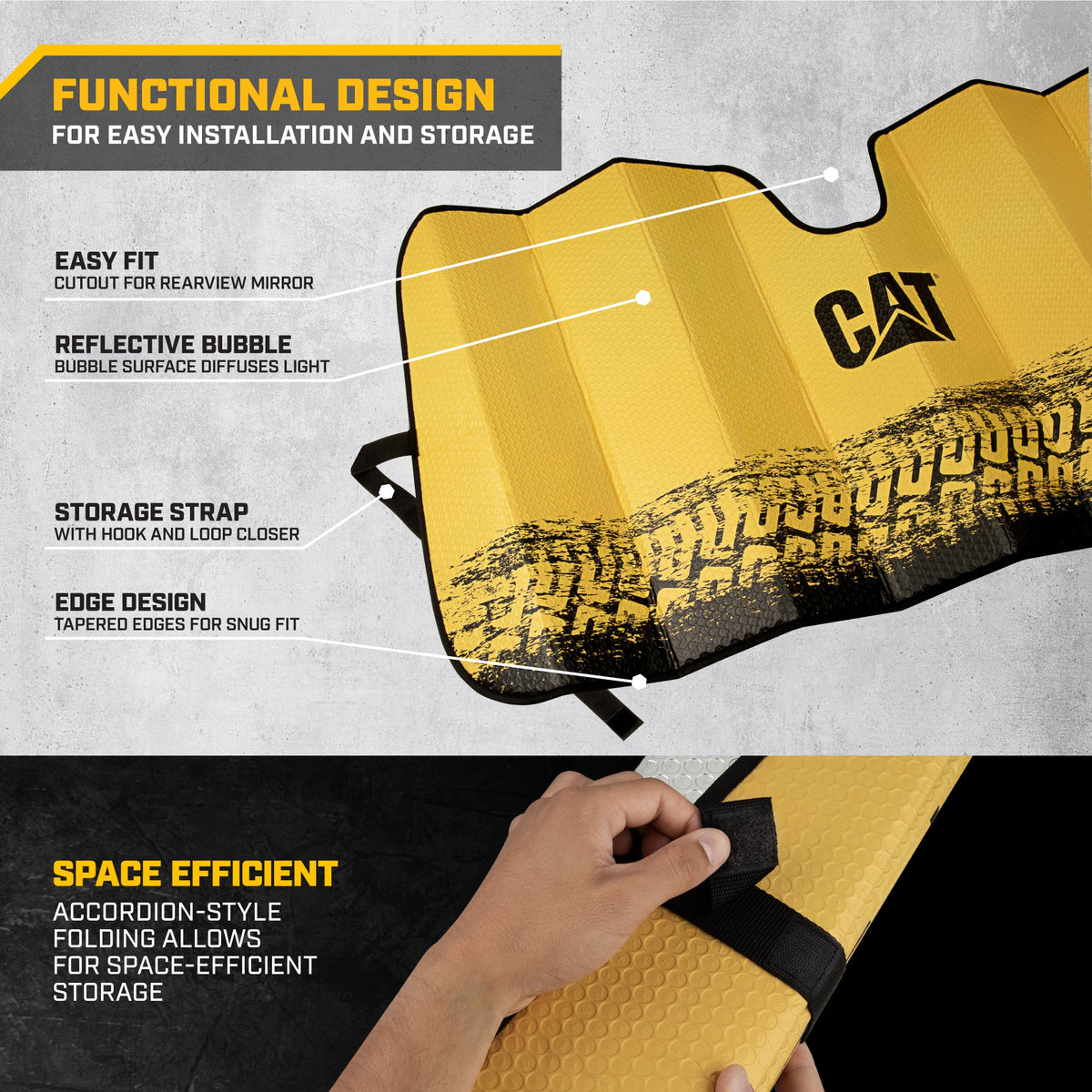 CAT Auto Shade für Autos & Trucks - Jumbo 65'x27' Akkordeon faltbarer Sonnenschutz mit fettem gelben Reifenspurendesign - Heavy-Duty Windschutzscheibe Abdeckung für maximalen UV-Schutz & Innenkühlung