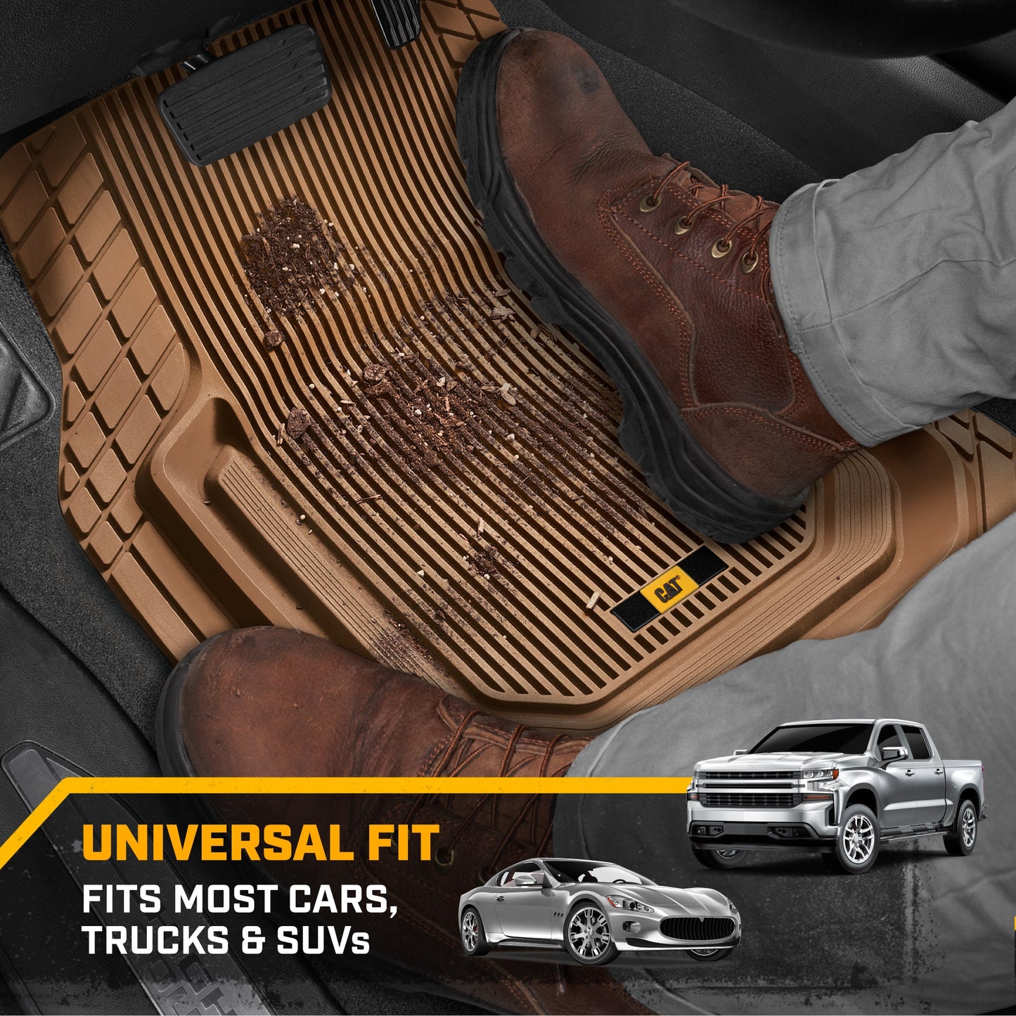 Cat® TerrainGuardTM Heavy-Duty 3-Piece Allwetter-Gummi-Bodenmatten für Auto, LKW, SUV, Van - Trim-to-Fit Deep Dish Automotive Floor Liners, Maximum Schmutz & Wasserschutz, Universal Fit, Beige