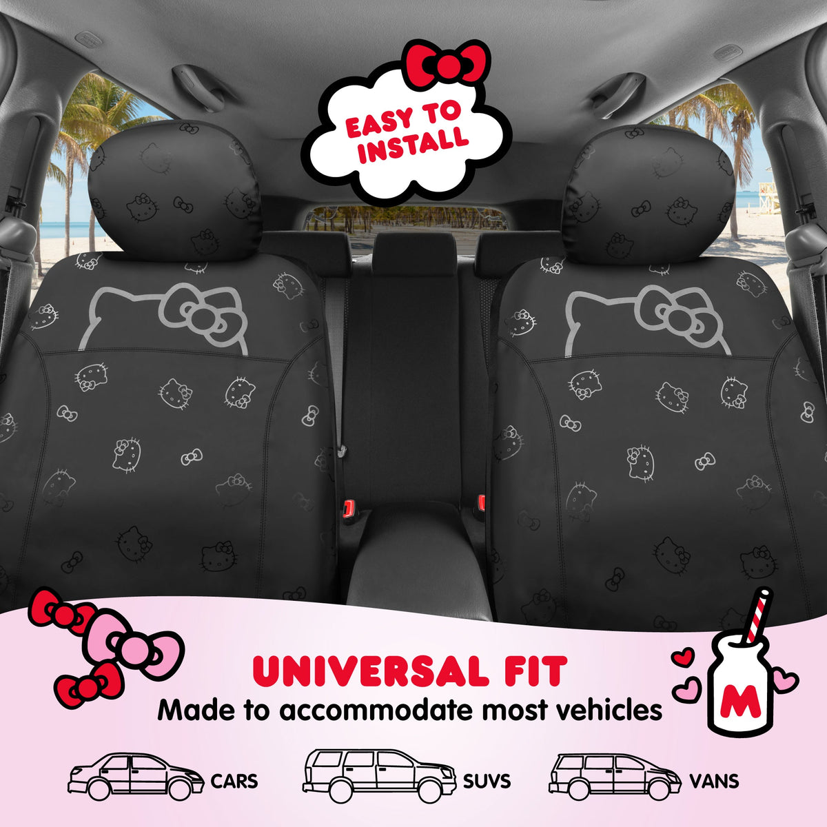 Hello Kitty Car Seat Covers - Cute Front Seat Covers, PU Ledersitz Abdeckungen für Autos, SUV, Van, Trucks, Hello Kitty Car Zubehör 2pc Schwarz
