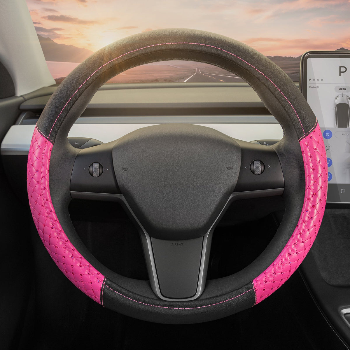 Carbella Pink Pailletten mit Kristallen Lenkrad Abdeckung (Fits 14.5' - 15.5')