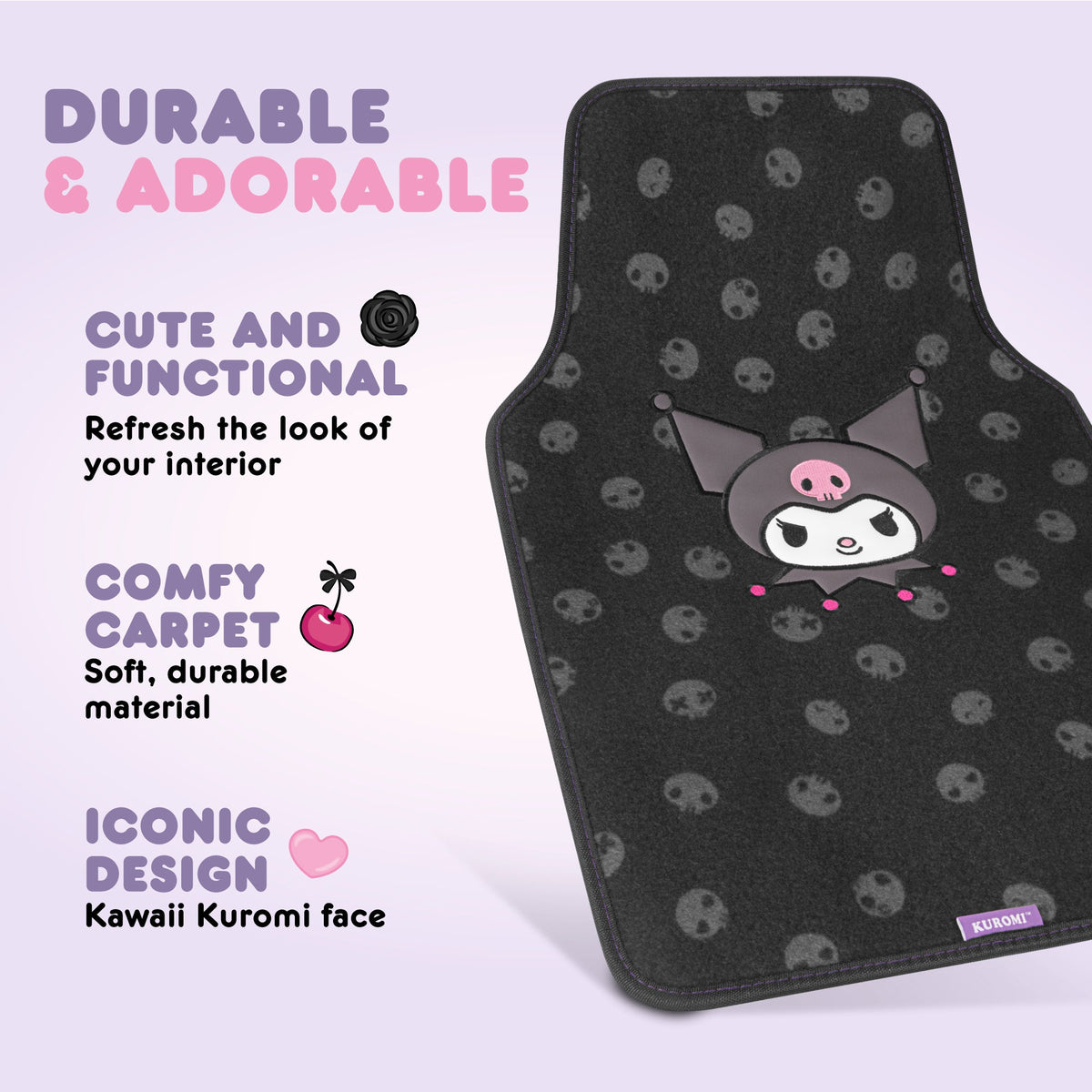 Kuromi Carpet Car Bodenmatten - Universal Fit für Autos, SUVs & Trucks - Schwarz mit Kuromi Print & Purple, Pink Accents - Front & Rear Set, 4 Stück