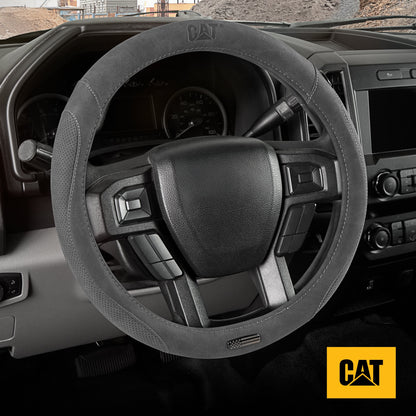 Cat® Honor Line Flux Lederlenkrad Abdeckung w Metall Flag Emblem, Grau Lederette, Standard 14.5-15.5 Zoll, Non Slip Komfort, Auto Lenkrad Abdeckung für Auto Truck SUV, Auto Zubehör