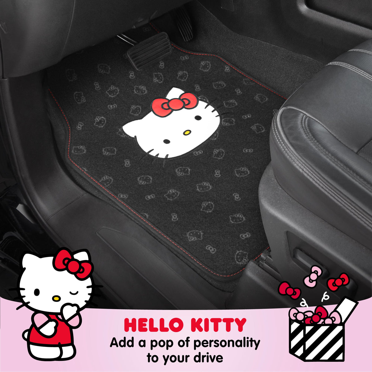 Hello Kitty Car Fußbodenmatten - Universal Fit für Autos, SUVs & Trucks - Schwarz mit rotem Bogen & Hello Kitty Print - Front & Rear Set, 4 Stück Auto Zubehör