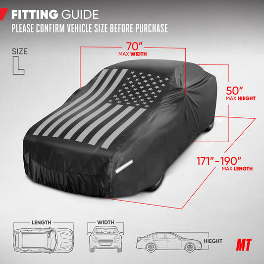 Motor Trend Black USA Flag Wasserdichte Autoabdeckung - Allwetterschutz im Freien, UV-resistent, winddicht, kratzfest - Semi-Universal Fit Limousine Full Car Cover für Sonnenregen Schnee (171'- 190' Länge)