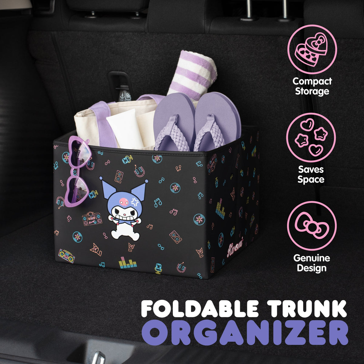 Sanrio Kuromi Car Trunk Organizer und Lagerbehälter - Zusammenklappbare einfache Kompartiment bequeme schwere Aufgabe, Fold Up für einfache Aufbewahrungsbox, Autositz Ladung für Lebensmittel Werkzeuge - 12,5L x 12,5W x 9H