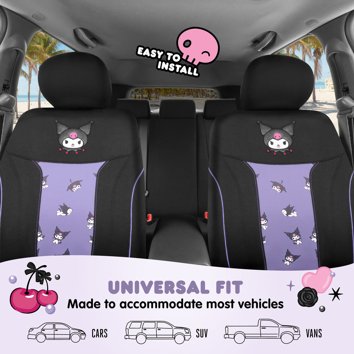 Hello Kitty Kuromi Autositzbezüge - Niedliche schwarze und violette Vordersitzbezüge mit Lavendelakzenten, langlebiges und komfortables Polyester, Autozubehör Hallo Kitty Zubehör 2pc