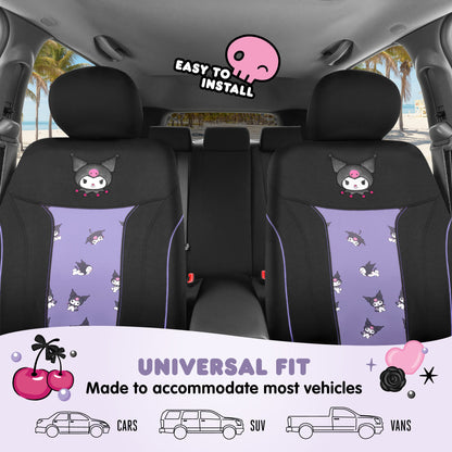 Hello Kitty Kuromi Autositzbezüge - Niedliche schwarze und violette Vordersitzbezüge mit Lavendelakzenten, langlebiges und komfortables Polyester, Autozubehör Hallo Kitty Zubehör 2pc