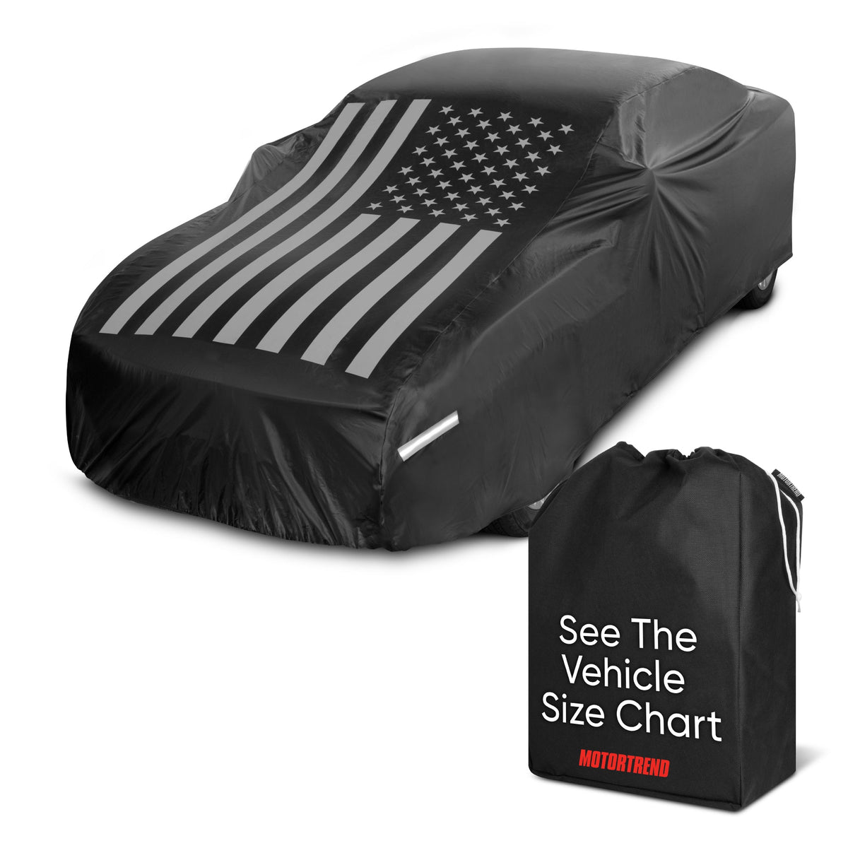 Motor Trend Black USA Flag Wasserdichte Autoabdeckung - Allwetterschutz im Freien, UV-resistent, winddicht, kratzfest - Semi-Universal Fit Limousine Full Car Cover für Sonnenregen Schnee (191'- 210' Länge)