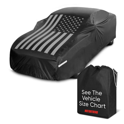Motor Trend Black USA Flag Wasserdichte Autoabdeckung - Allwetterschutz im Freien, UV-resistent, winddicht, kratzfest - Semi-Universal Fit Limousine Full Car Cover für Sonnenregen Schnee (191'- 210' Länge)