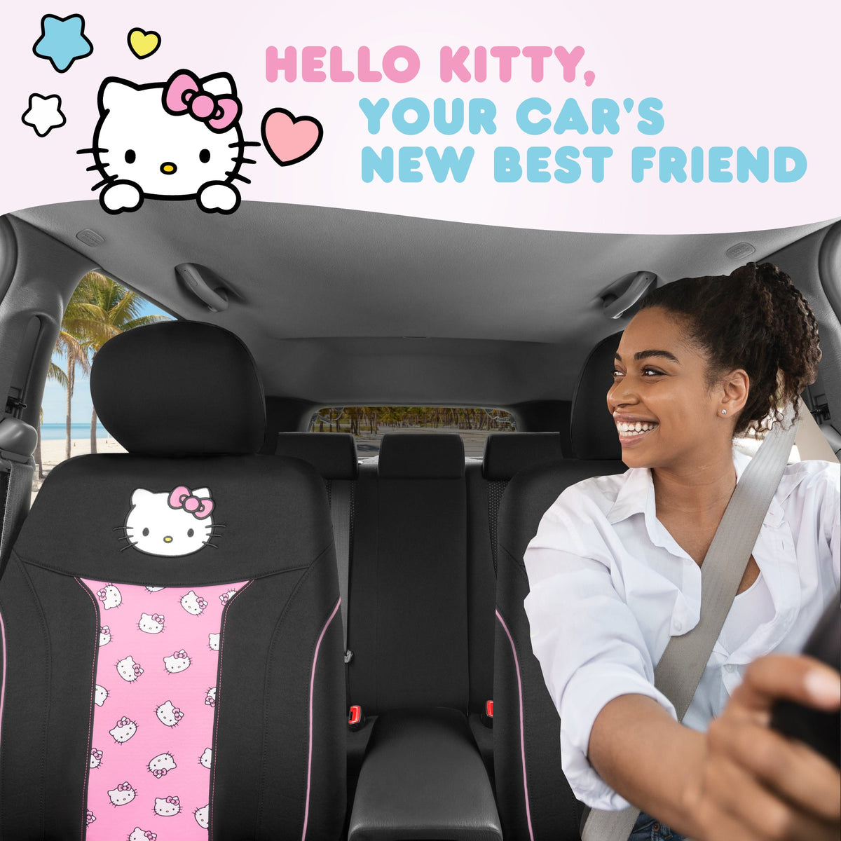 Hello Kitty Car Seat Covers - Niedliche und langlebige Pink Vordersitzbezüge, entzückendes Hello Kitty Design, komfortables und lang anhaltendes Polyester, Autozubehör Geschenk Hello Kitty Zubehör 2pc Schwarz / Pink