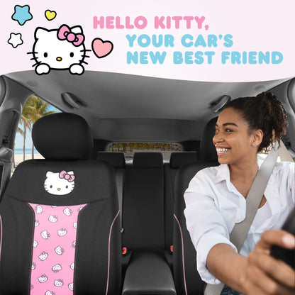 Hello Kitty Car Seat Covers - Niedliche und langlebige Pink Vordersitzbezüge, entzückendes Hello Kitty Design, komfortables und lang anhaltendes Polyester, Autozubehör Geschenk Hello Kitty Zubehör 2pc Schwarz / Pink