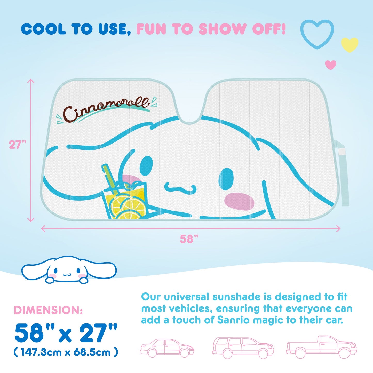 Carbella Sanrio Cinnamoroll Lemon Chill Front Windschutzscheibe Sonnenschirm (58' x 28')