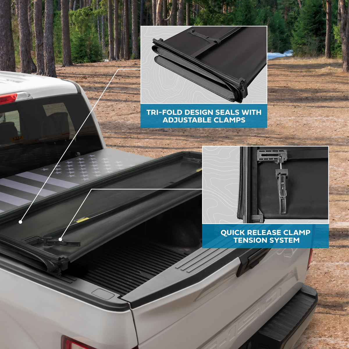 MotorBox Soft Tri-Fold Truck Tonneau Abdeckung für Ram 1500 (2002-2023) / Ram 2500 & 3500 (2003-2020) mit 6,4 ft Bett, Allwetter Klapp LKW Bett Abdeckung mit Black Flag Grafik, einfachem Zugang und sicherer Passform