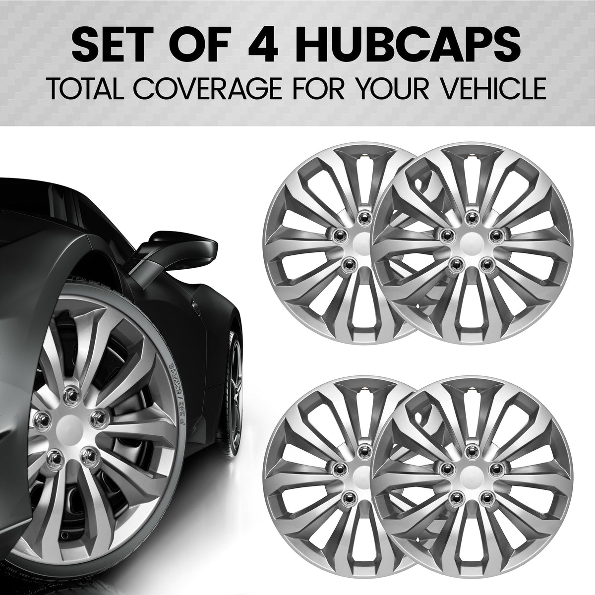 BDK 4-Pack Premium 16' Silver and Gunmetal Universal Fit Hubcap Abdeckungen für Räder und Felgen (10 Speichen) - Ersatz, Snap On, OEM Style