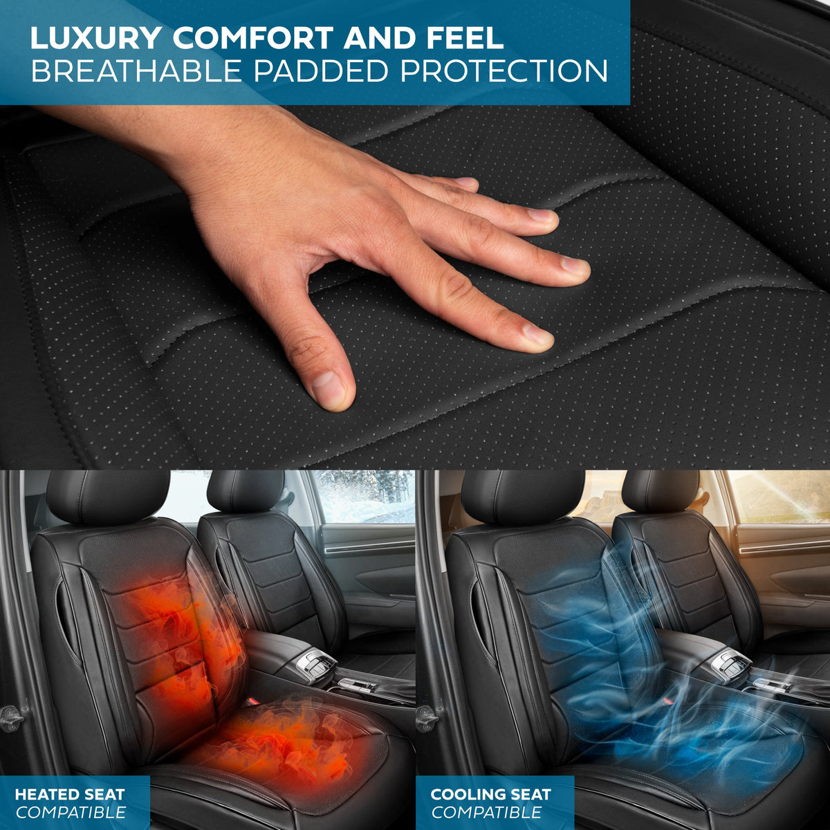 MotorBox Elite Edition Faux Ledersitz Abdeckungen für Autos, LKW und SUV - 2 schwarze Autositz Abdeckungen für Vordersitze - Universal Fit Car Zubehör Automotive Interior Cover Protector für die meisten Fahrzeuge