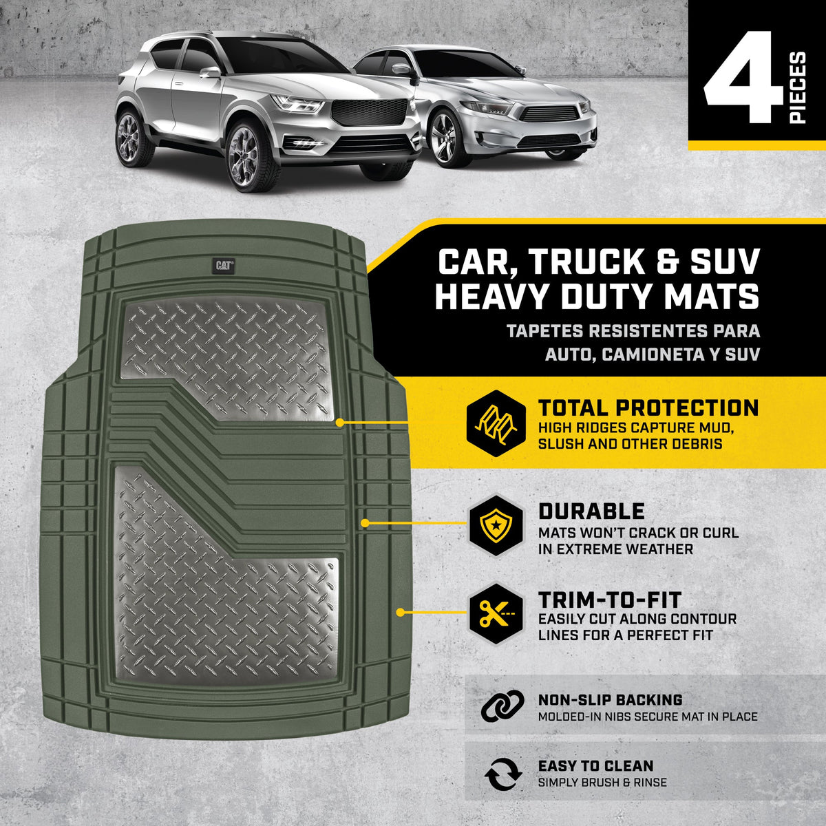 CAT 4-Stück Zwei-Tone Metallic-Look Front Floor Matts und Hintere Bodenmatten - Heavy Duty, All Weather, Trimm to Fit