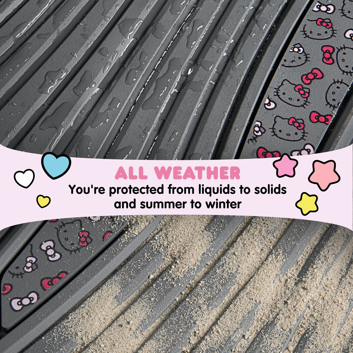 Hello Kitty Car Matts 4pc Bodenmatten für Autos LKWs SUVs Kawaii Autobodenmatten für Damen Männer Zubehör Gummi Heavy Duty Niedlich niedlich, immer vorne hinten Hallo Kitty Car Zubehör Classic Gray mit rosa Bögen