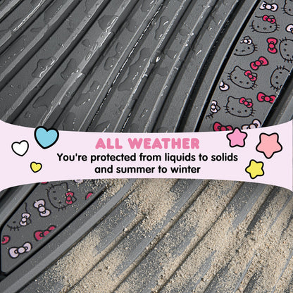 Hello Kitty Car Matts 4pc Bodenmatten für Autos LKWs SUVs Kawaii Autobodenmatten für Damen Männer Zubehör Gummi Heavy Duty Niedlich niedlich, immer vorne hinten Hallo Kitty Car Zubehör Classic Gray mit rosa Bögen