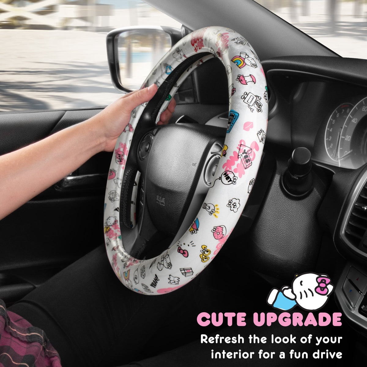 Hallo Kitty Lenkrad Abdeckung, Offizielle Sanrio Auto Lenkrad Abdeckung mit Universalgröße 14.5 - 15.5, Niedlich Weißes Lenkrad Abdeckung für Frauen, Hallo Kitty Auto Zubehör (Hallo Kitty Look At Me)