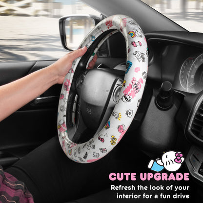 Hallo Kitty Lenkrad Abdeckung, Offizielle Sanrio Auto Lenkrad Abdeckung mit Universalgröße 14.5 - 15.5, Niedlich Weißes Lenkrad Abdeckung für Frauen, Hallo Kitty Auto Zubehör (Hallo Kitty Look At Me)