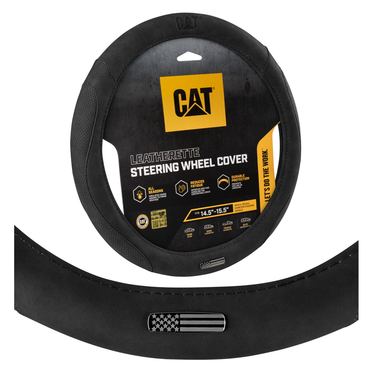 Cat® Honor Line Flux Lederlenkrad Abdeckung w Metall Flag Emblem, Schwarze Lederette, Standard 14.5-15.5 Zoll, Non Slip Komfort, Auto Lenkrad Abdeckung für Auto Truck SUV, Auto Zubehör