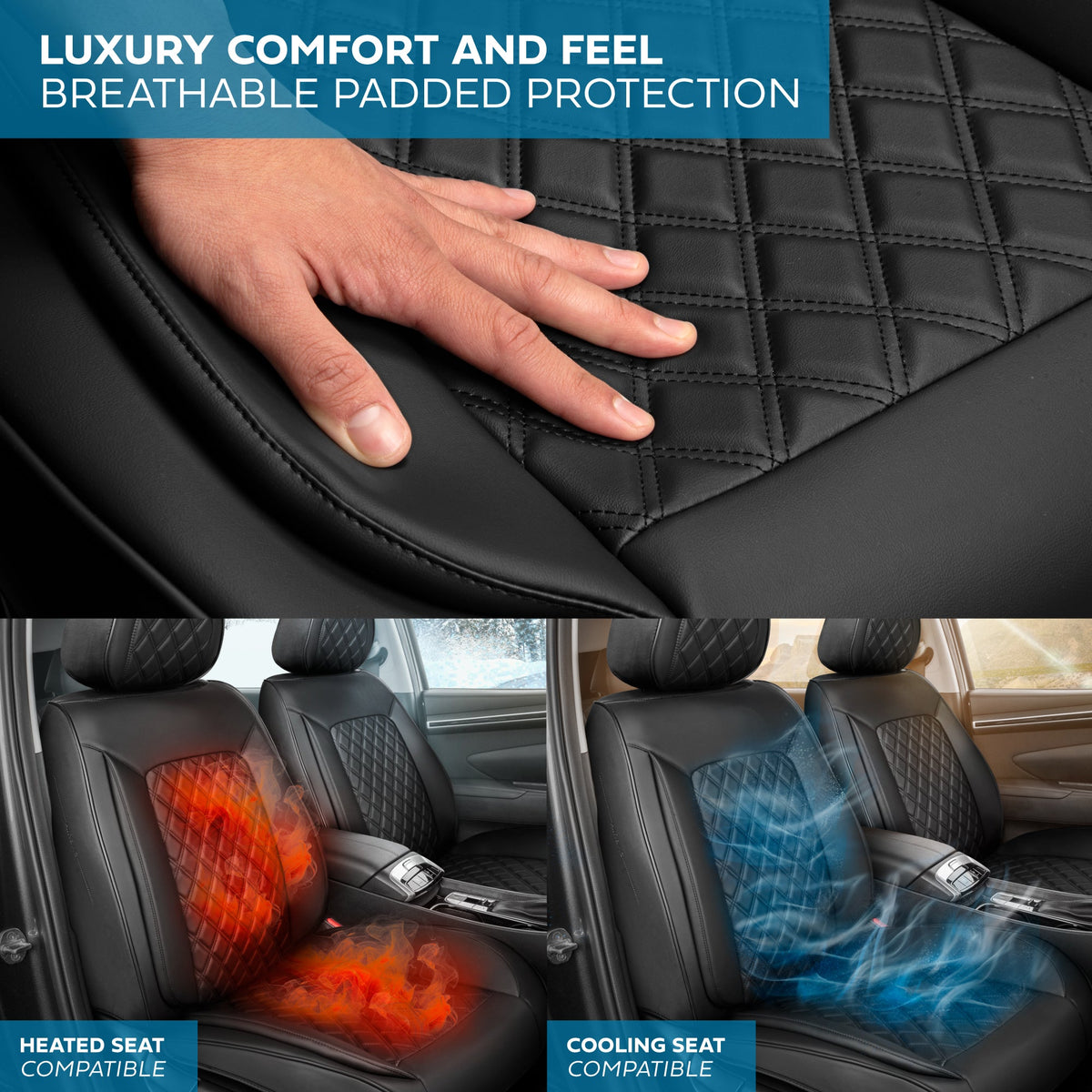 MotorBox Elite Edition Faux Ledersitz Abdeckungen für Autos, LKW und SUV - 2 schwarze Autositz Abdeckungen für Vordersitze - Universal Fit Car Zubehör Automotive Interior Cover Protector für die meisten Fahrzeuge