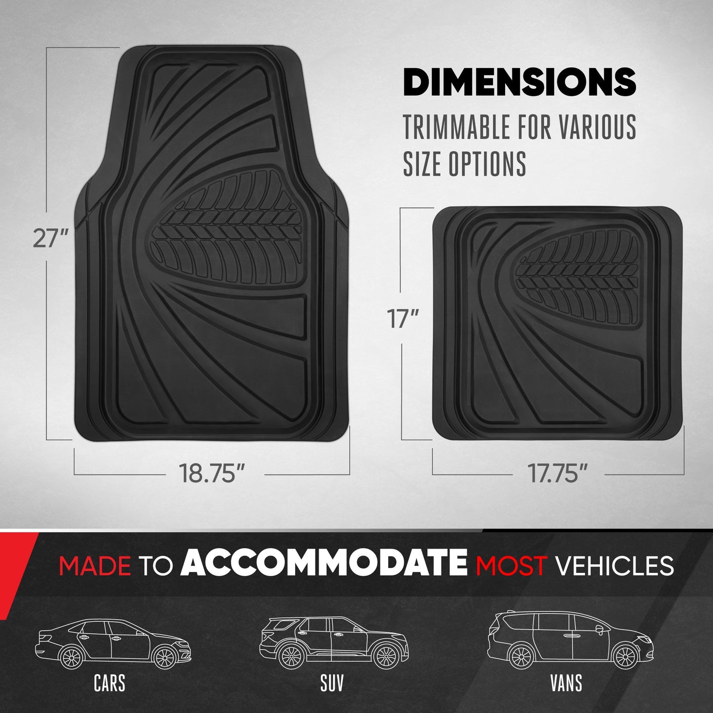 Motor Trend FlexTough Guard Allwetter-Bodenmatten für Autos - Schwarze wasserdichte Gummibodenmatten, universelles Trim-to-Fit-Autozubehör für Autos, LKW & SUV