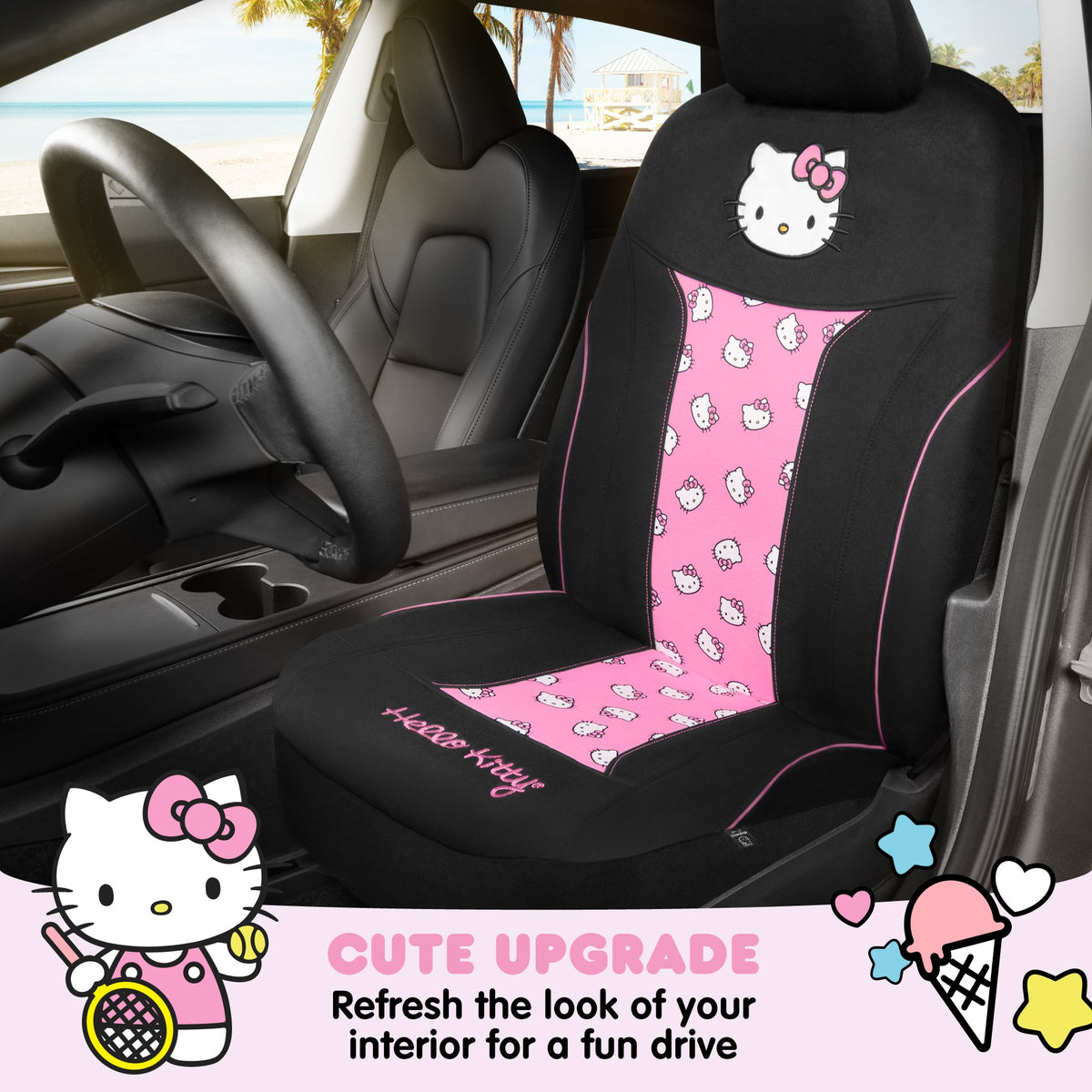 Hello Kitty Car Seat Cover - Niedliche und langlebige Pink Vordersitzbezug, Adorable Hello Kitty Design, Komfortable und lang anhaltende Polyester, Autozubehör Geschenk Hello Kitty Zubehör 1pc Schwarz / Pink