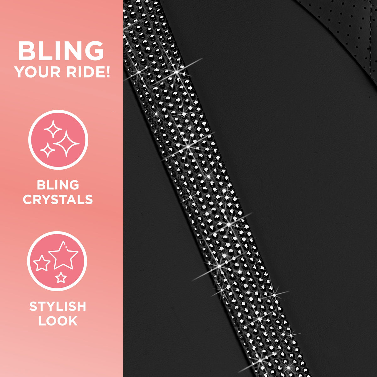 BlingStitchTM Car Seat Covers für Vordersitze - Luxuriöse vegane Ledersitzbezüge für Autos mit schwarzen Bling-Kristallen, Premium Automotive Seat Covers für SUV, Trucks, Car Bling Luxury