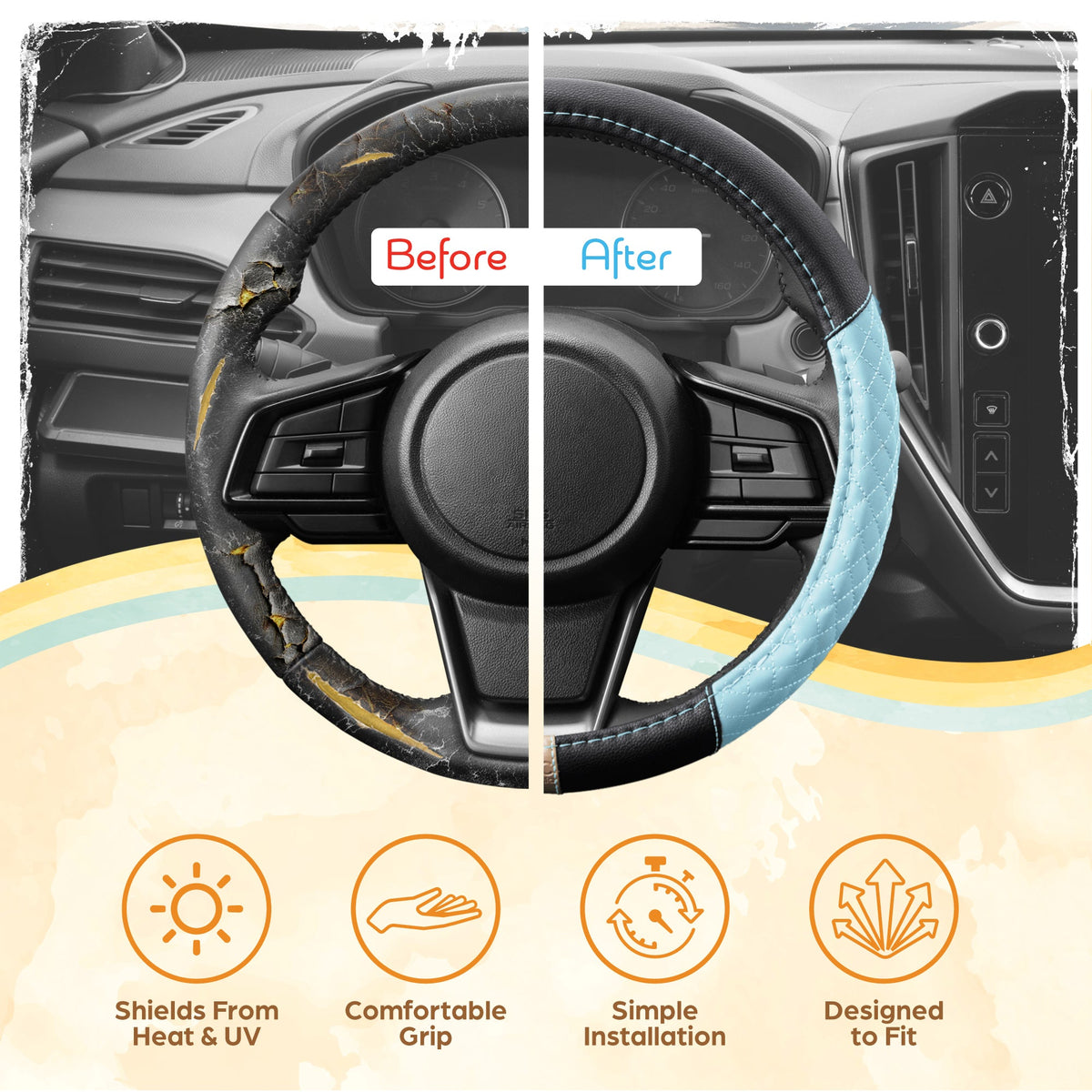 C&C California Car Steering Wheel Cover Blaue Diamant Quilt, Non Slip Leder Lenkrad Abdeckung für Männer, Niedlich Komfortable Soft Easy Installation Universal Fit (Fits 14.5'-15.5' Zoll)