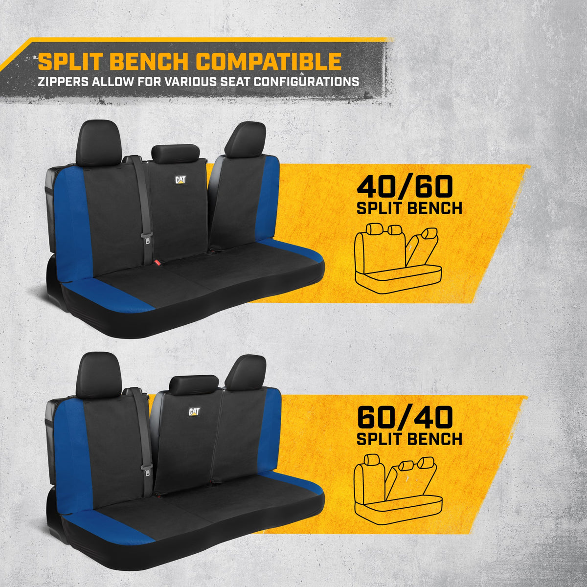 CAT Black & Blue Car Seat Covers Full Set – Front Seat Covers & Rear Bench Seat Cover – Airbag-kompatibel, 60/40 Split Bench für LKW, PKW & SUVs – Automotive Interior Seat Protection Zubehör – Alias 639034902301690571