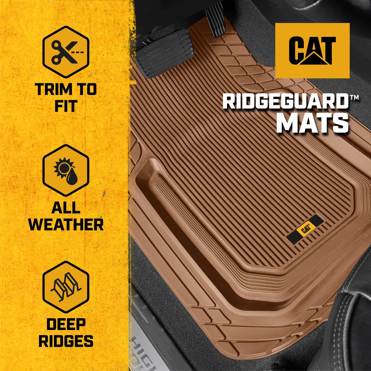 Cat® TerrainGuardTM Heavy-Duty 3-Piece Allwetter-Gummi-Bodenmatten für Auto, LKW, SUV, Van - Trim-to-Fit Deep Dish Automotive Floor Liners, Maximum Schmutz & Wasserschutz, Universal Fit, Beige