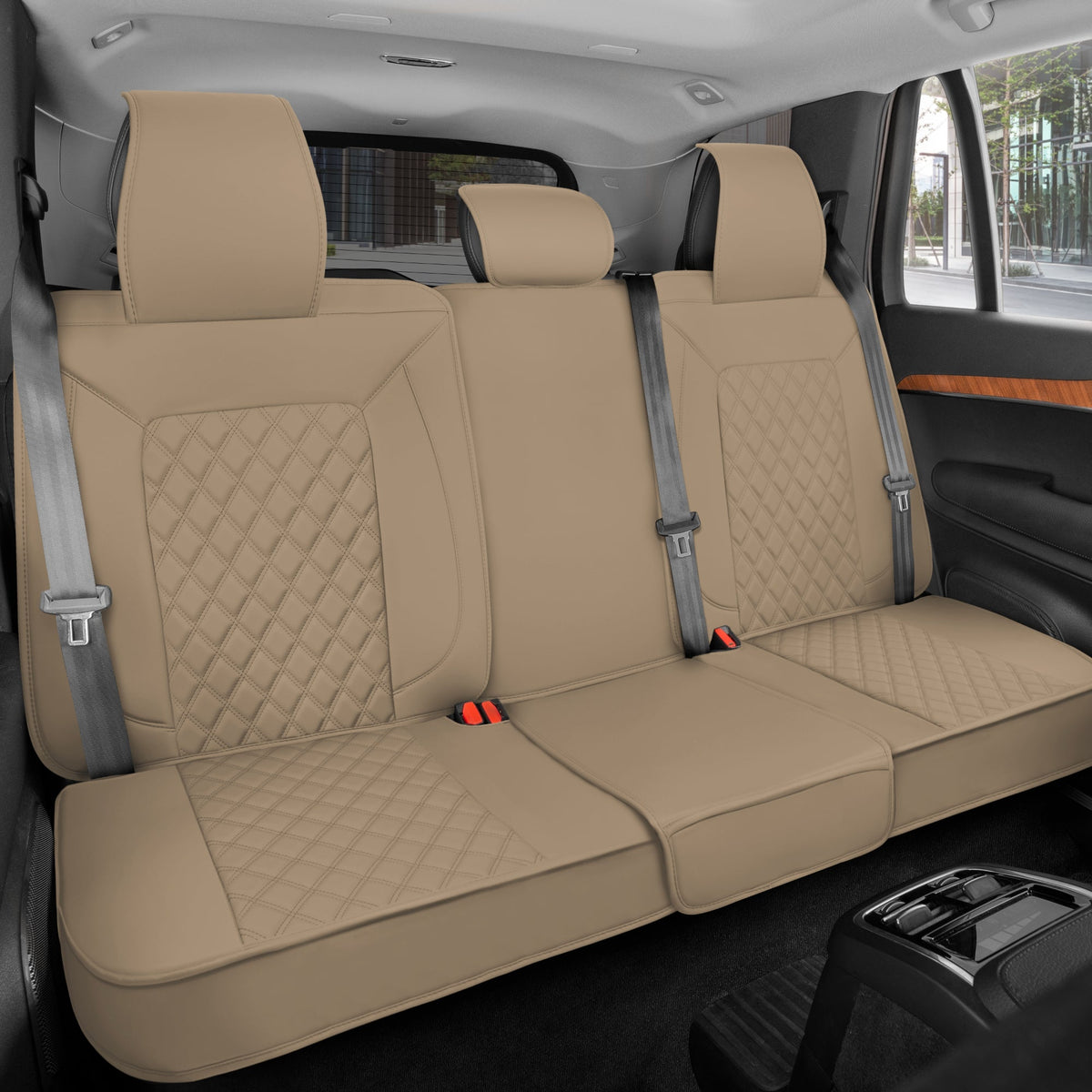 MotorBox Premium Napa Lederrücksitz Abdeckung - Semi Universal Fit für die meisten Autos, LKW & SUV - Beige Rücksitz Protector - Anti-Rutsch, langlebige Bench Abdeckung - Einfache Installation, Luxus Auto Interior Upgrade