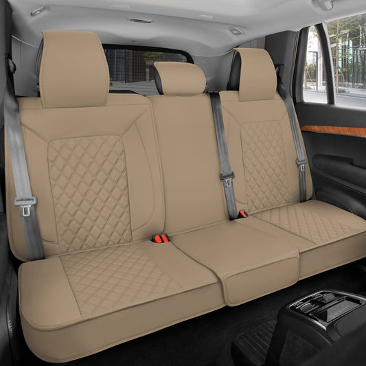 MotorBox Premium Napa Lederrücksitz Abdeckung - Semi Universal Fit für die meisten Autos, LKW & SUV - Beige Rücksitz Protector - Anti-Rutsch, langlebige Bench Abdeckung - Einfache Installation, Luxus Auto Interior Upgrade