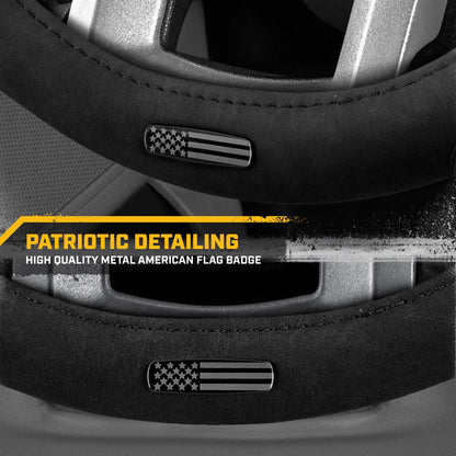 Cat® Honor Line Flux Lederlenkrad Abdeckung w Metall Flag Emblem, Schwarze Lederette, Standard 14.5-15.5 Zoll, Non Slip Komfort, Auto Lenkrad Abdeckung für Auto Truck SUV, Auto Zubehör