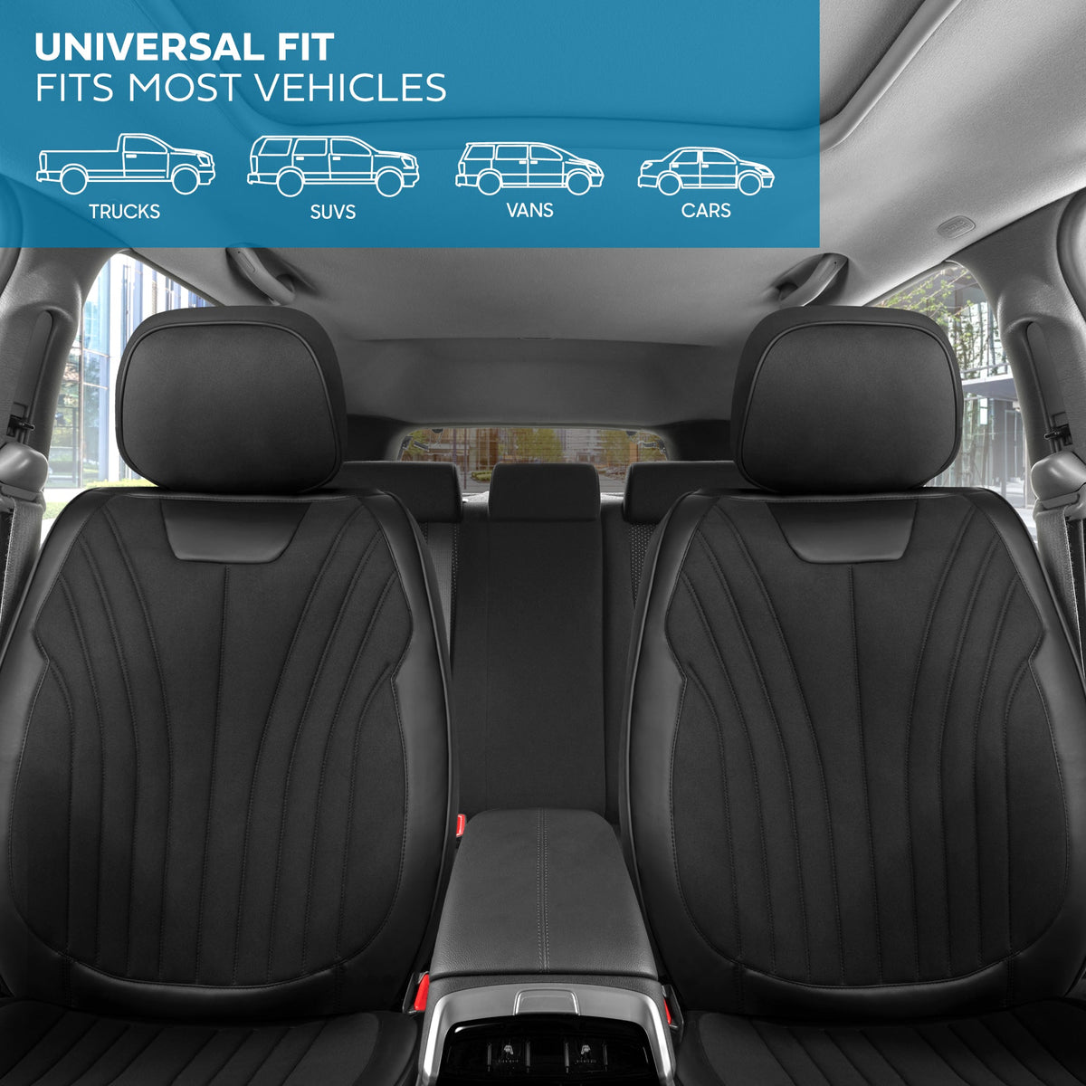 MotorBox Elite Edition Faux Leder & Suede Sitzbezüge für Autos, LKW & SUV - 2 schwarze Autositzbezüge für Vordersitze - Universal Fit Car Zubehör Automotive Interior Cover Protector für Autos